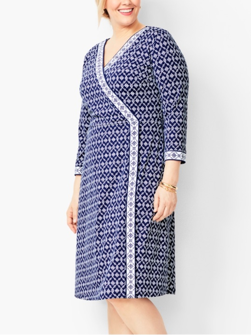 Talbots KNIT JERSEY FAUX-WRAP DRESS Blue and White GEO PRINT Size 2X.